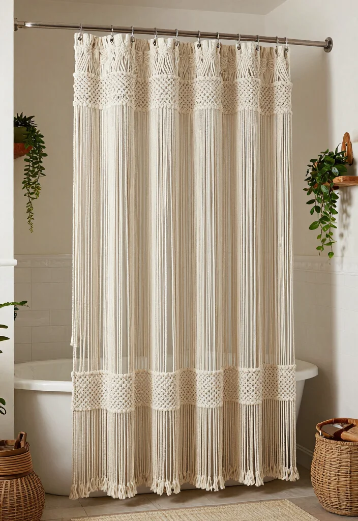 17 Using Curtains as Shower Curtains Ideas That Feel Creative - 9. Macramé for a Boho Vibe 1