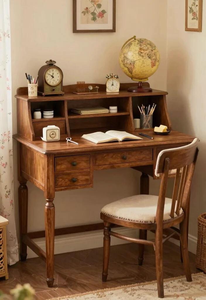 18 Girl Desk Setup Ideas That Look Cute & Organized - 5. Vintage Inspiration 1