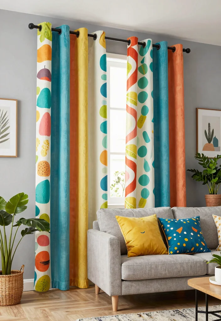 18 Living Room Curtains Ideas Modern Homes Are Loving - 10. Eco-Friendly Colorful Panels 1
