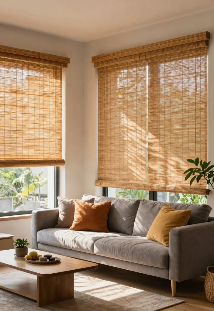 18 Living Room Curtains Ideas Modern Homes Are Loving - 2. Bamboo Blinds 1