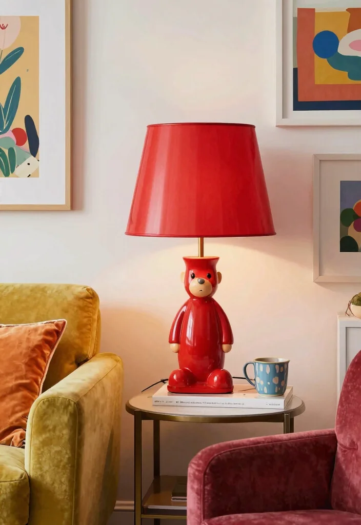 18 Red Table Lamp Ideas That Pop Boldly - 17. Playful Red Table Lamp with Figurine 1