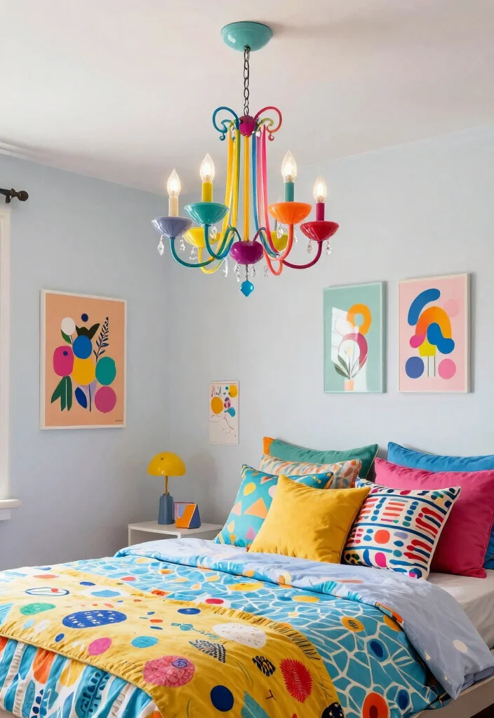 18 Small Chandelier Bedroom Ideas With Soft Sparkle - 15. Playful Color Pops 1