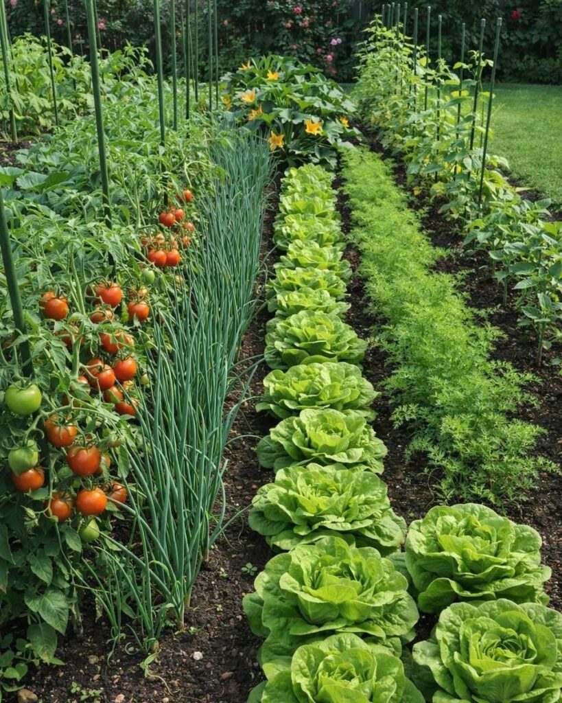 Rows of tomatoes, onions, lettuce, and herbs growing densely in a vegetable garden.