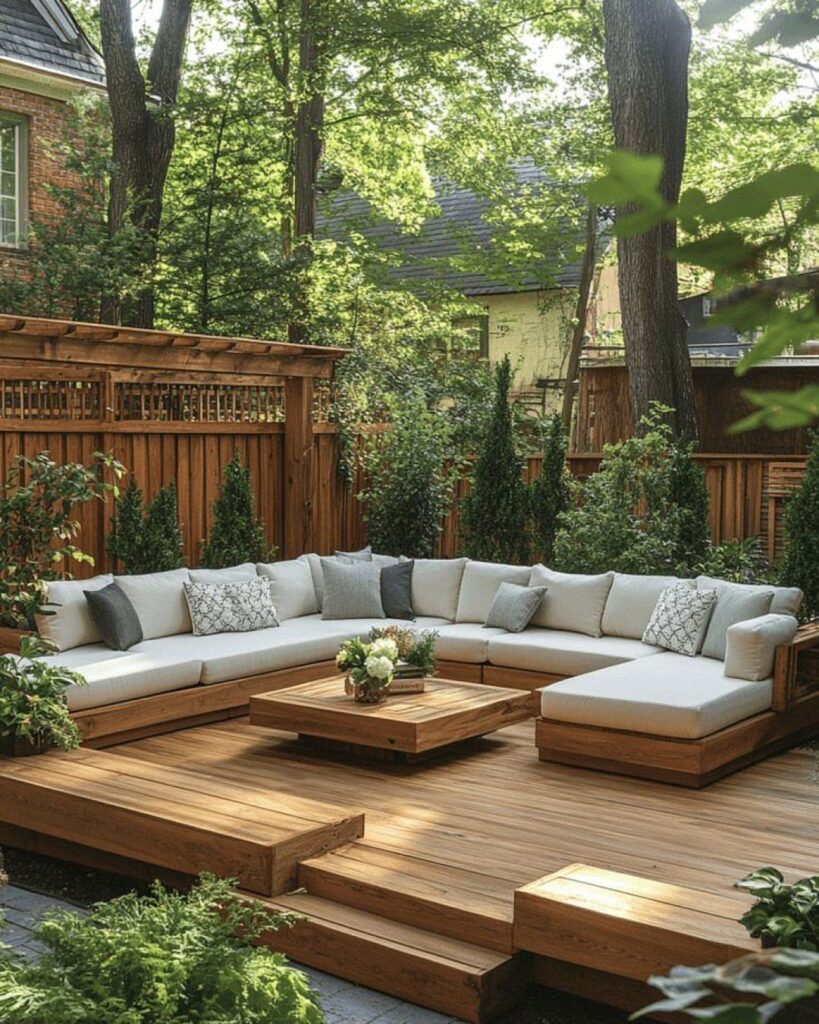 Wooden multi-level backyard deck with a large white sectional sofa and a low wooden coffee table.