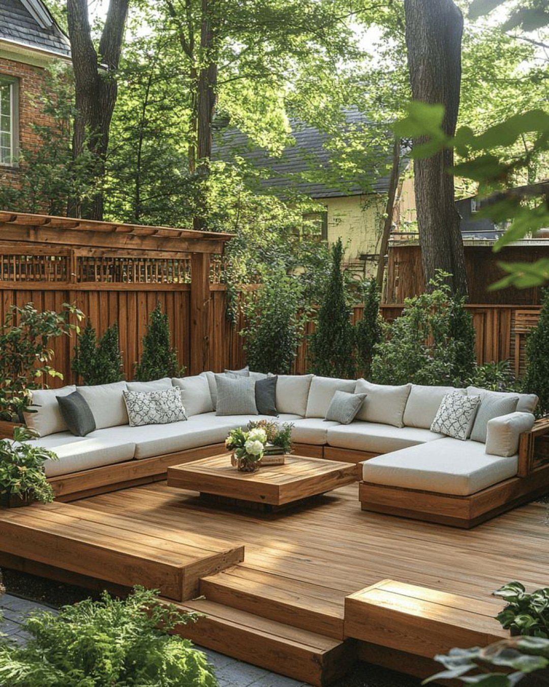 Wooden multi-level backyard deck with a large white sectional sofa and a low wooden coffee table.