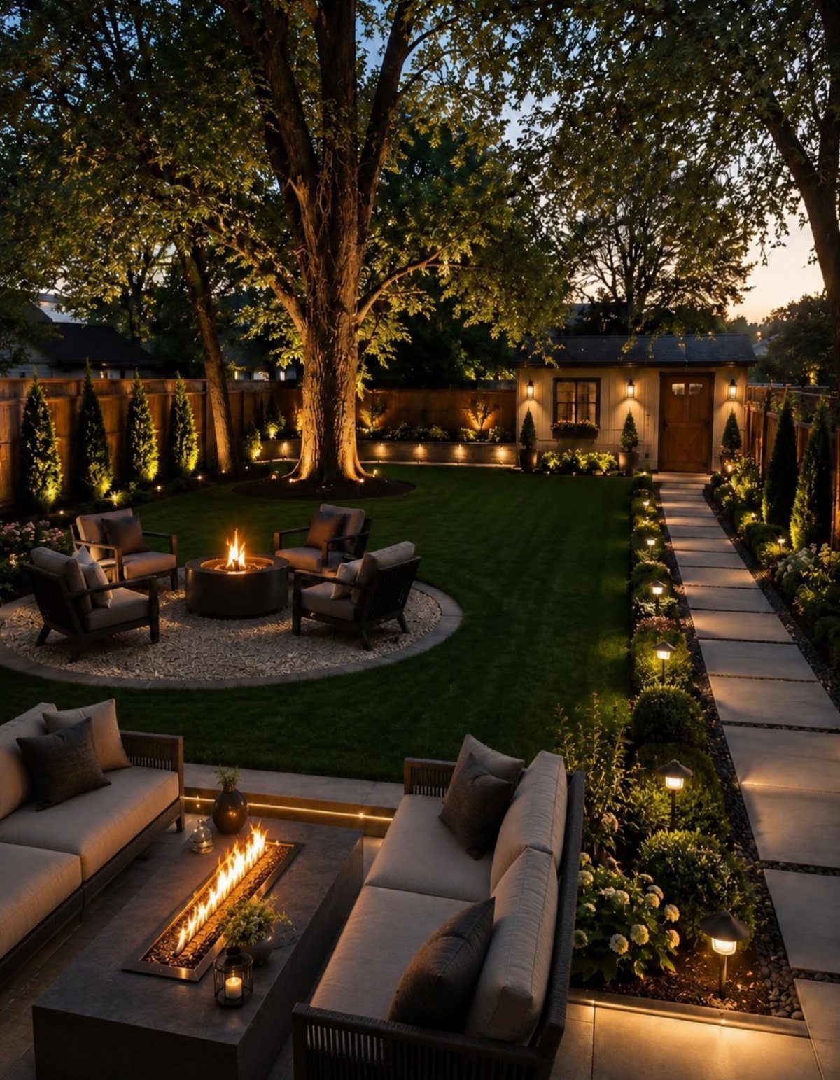 A luxury backyard patio design with outdoor seating, fire pits, and illuminated stone walkways at twilight.