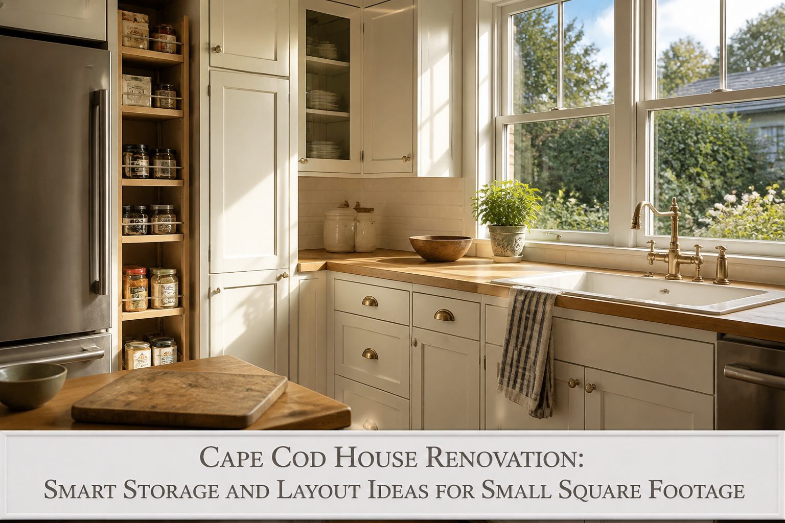 A well-designed Cape Cod kitchen with organized storage and natural light.