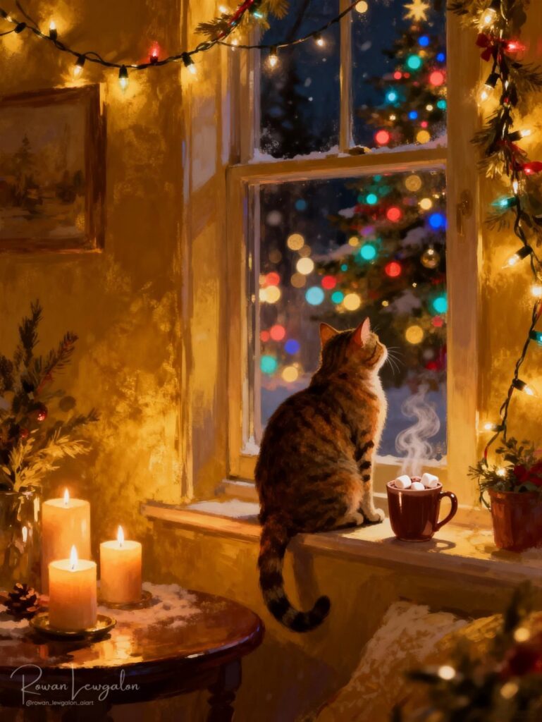 A tabby cat sits on a windowsill looking at a glowing Christmas tree through a window.