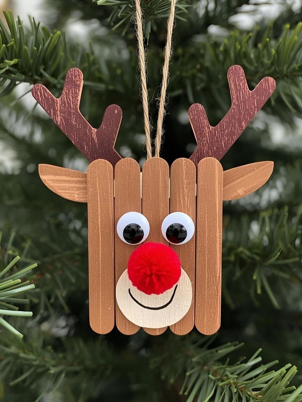 A reindeer ornament made of popsicle sticks hanging on a green Christmas tree branch.
