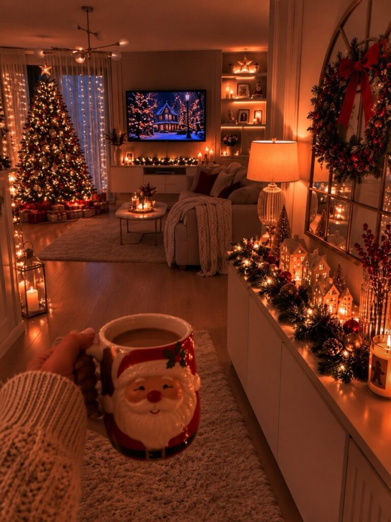 A person holding a Santa Claus mug in a warm, festively decorated living room.