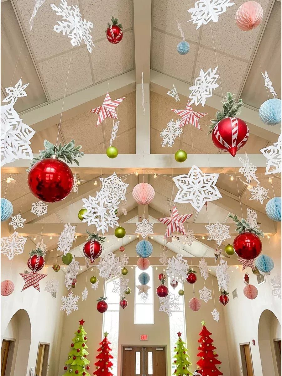 Red and white Christmas ornaments and paper snowflakes hanging from a high ceiling.