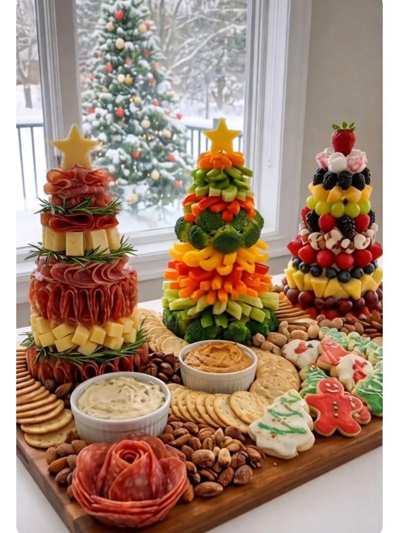 Three food towers shaped like Christmas trees arranged on a large wooden charcuterie board.