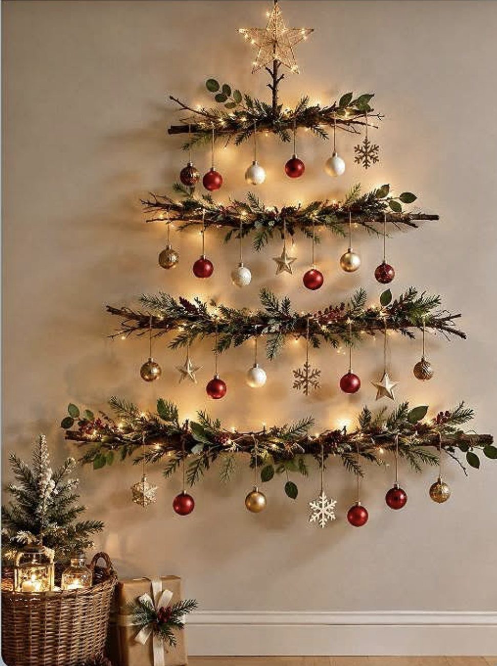 Weathered branches arranged in a tree shape on a wall, decorated with lights and ornaments.