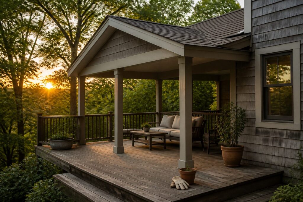 A covered deck off the back of a house with furniture and plants.