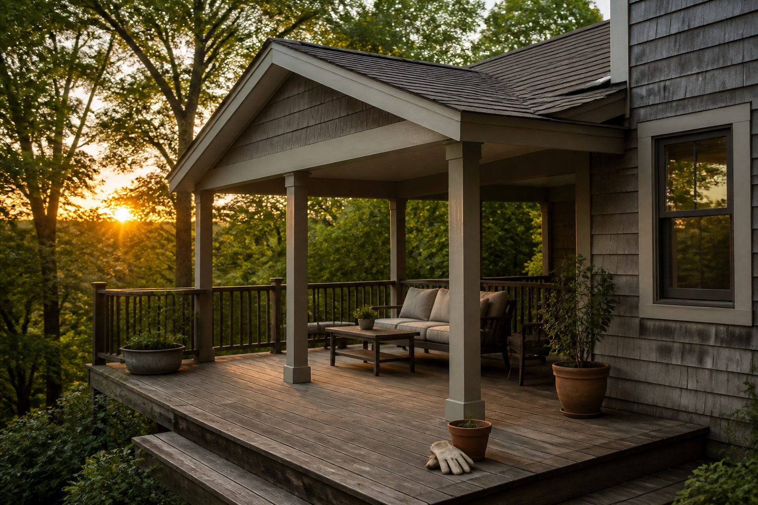 A covered deck off the back of a house with furniture and plants.
