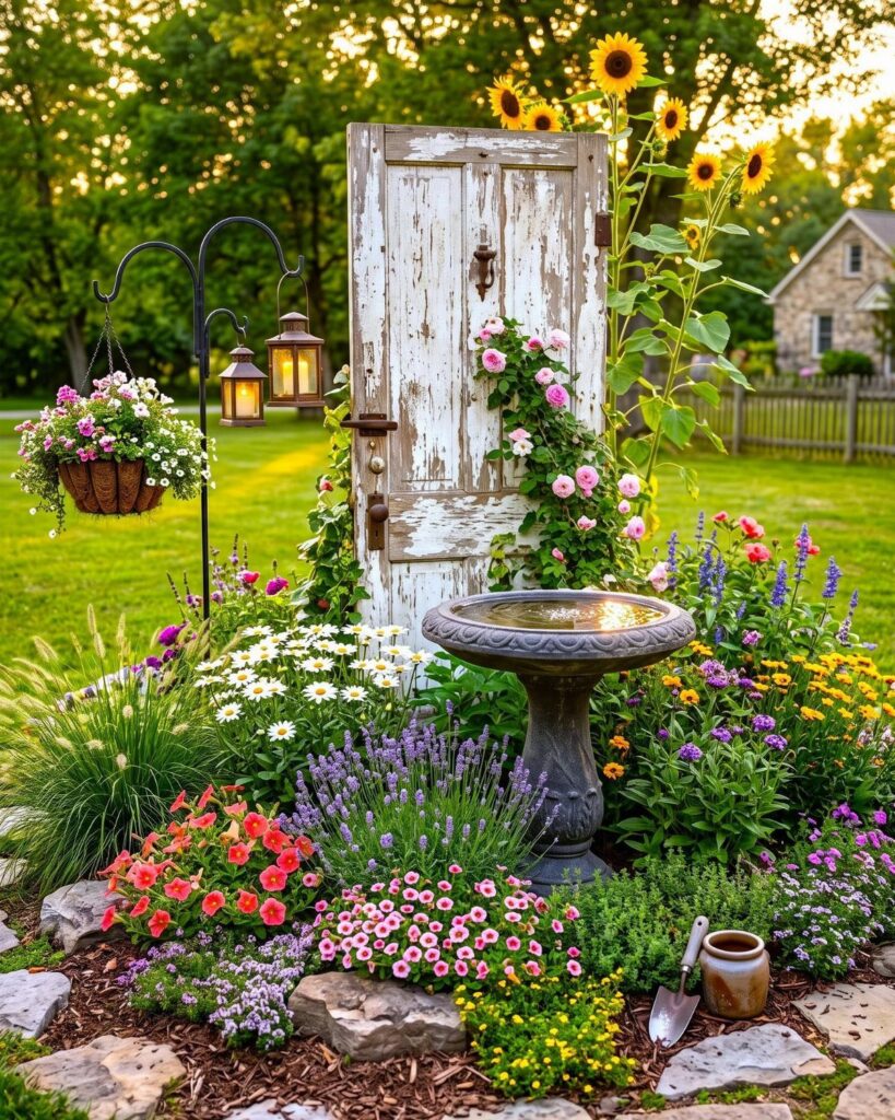 Weathered white wooden door surrounded by colorful flowers, a birdbath, and tall sunflowers in a garden.