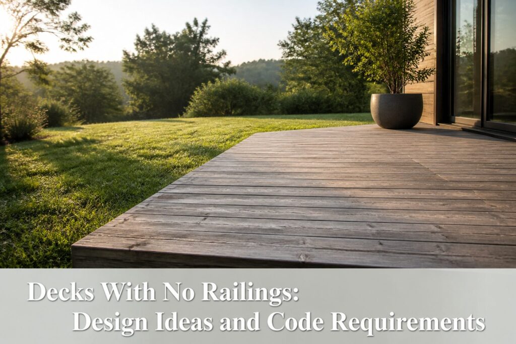 A deck without railings surrounded by grass and plants.
