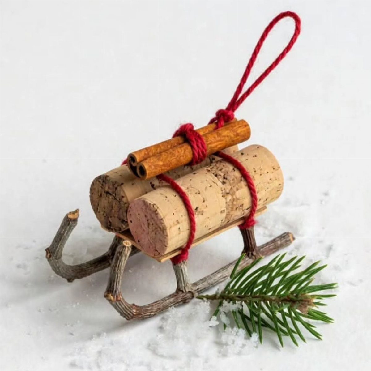 A miniature sled ornament made from wine corks and twigs resting in white snow.