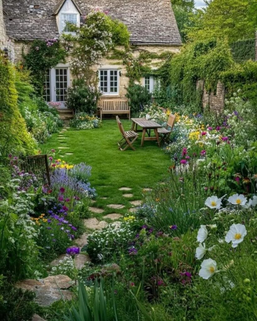 A lush backyard garden with colorful flowers, a green lawn, and a wooden dining set by a cottage.