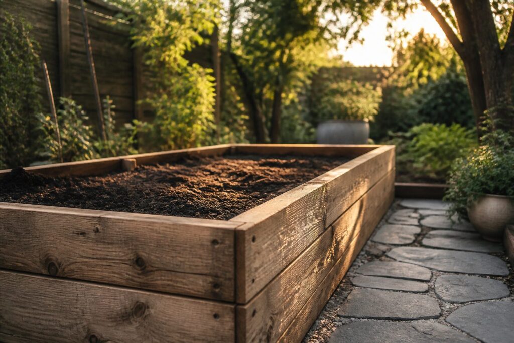A raised garden bed with soil and seedlings, with gardening tools nearby.