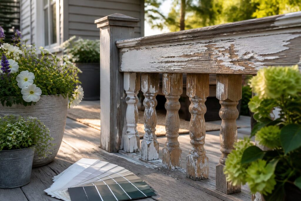 Close-up of a weathered wooden porch railing with partially stripped paint