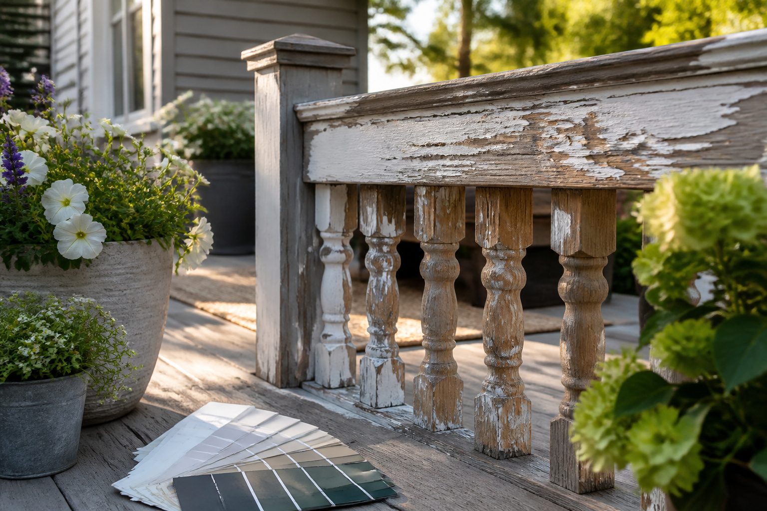 Close-up of a weathered wooden porch railing with partially stripped paint