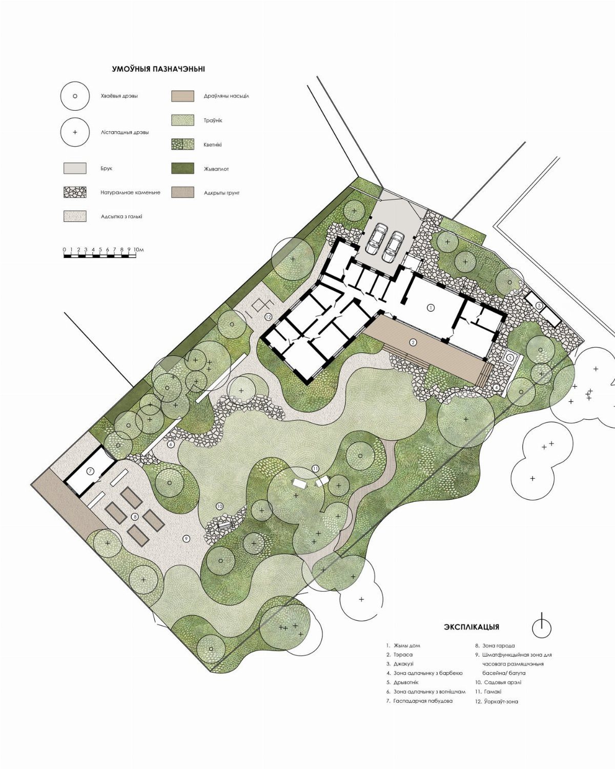 An architectural landscape design plan featuring building footprints, garden paths, and various green vegetation zones.