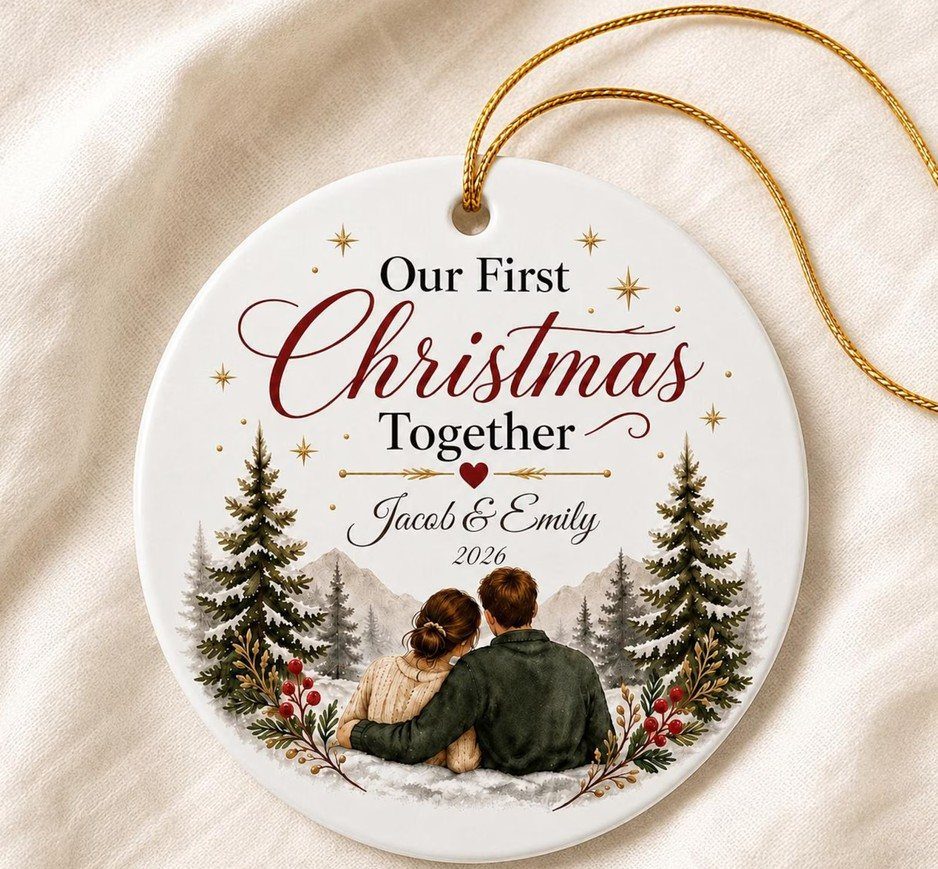 A white ceramic Christmas ornament with a printed illustration of a couple in a snowy forest.
