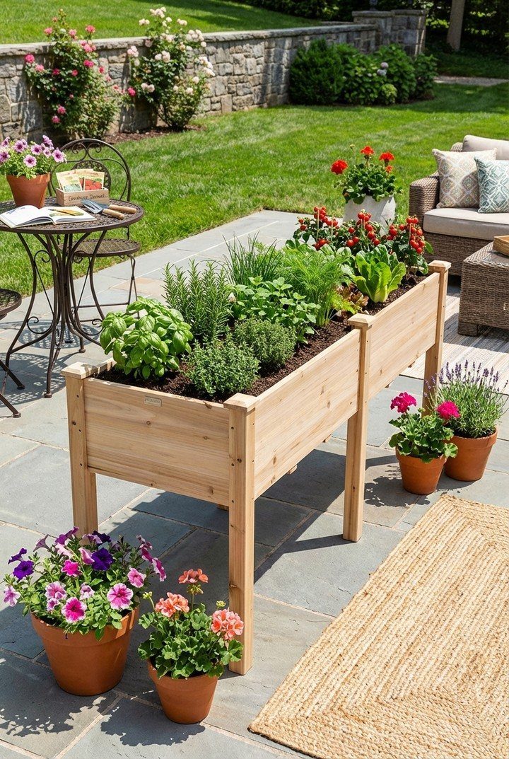 A wooden raised garden bed filled with green herbs and red flowers on a stone patio.