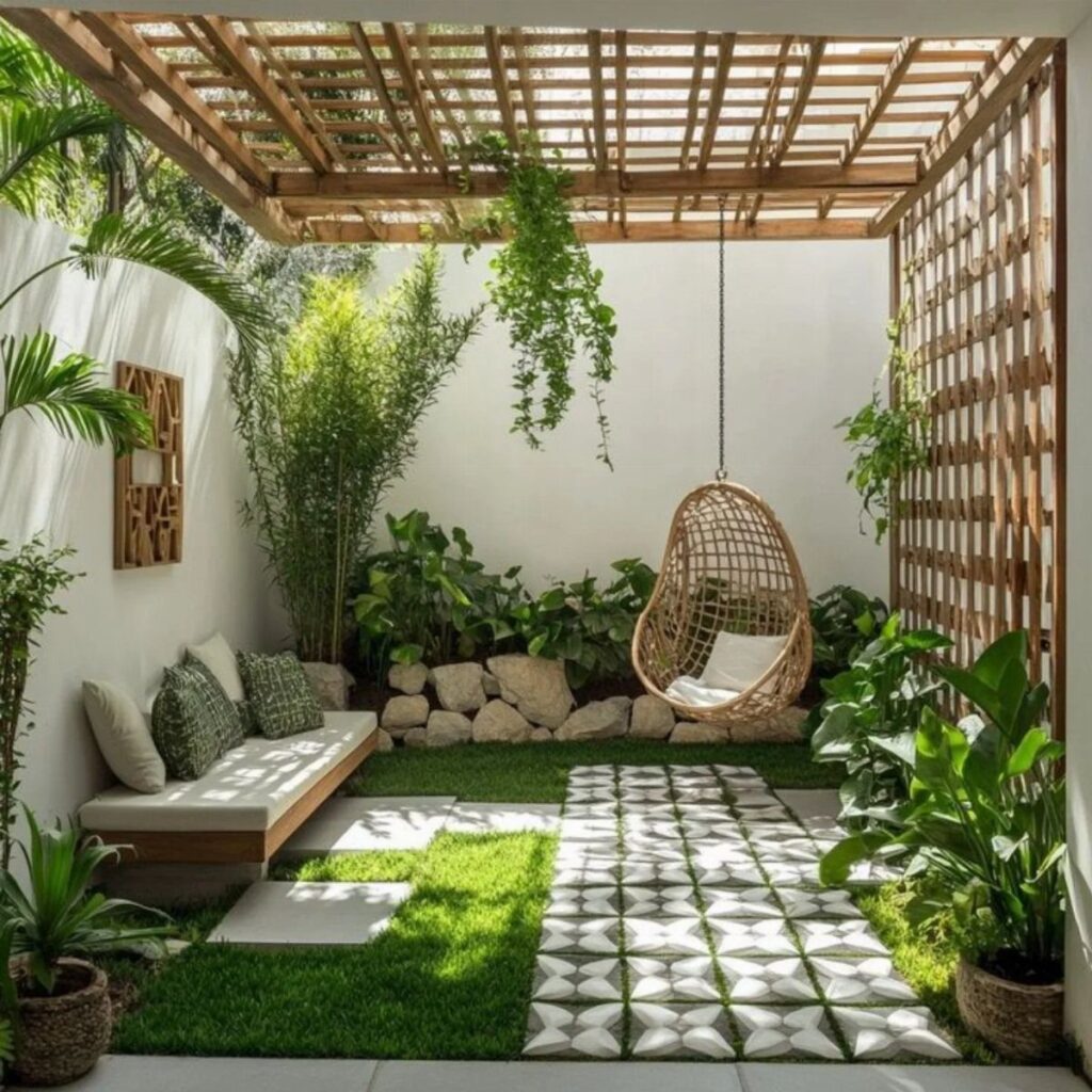 A small courtyard garden with a wooden pergola, hanging chair, and lush tropical plants.