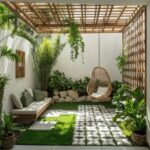 A small courtyard garden with a wooden pergola, hanging chair, and lush tropical plants.