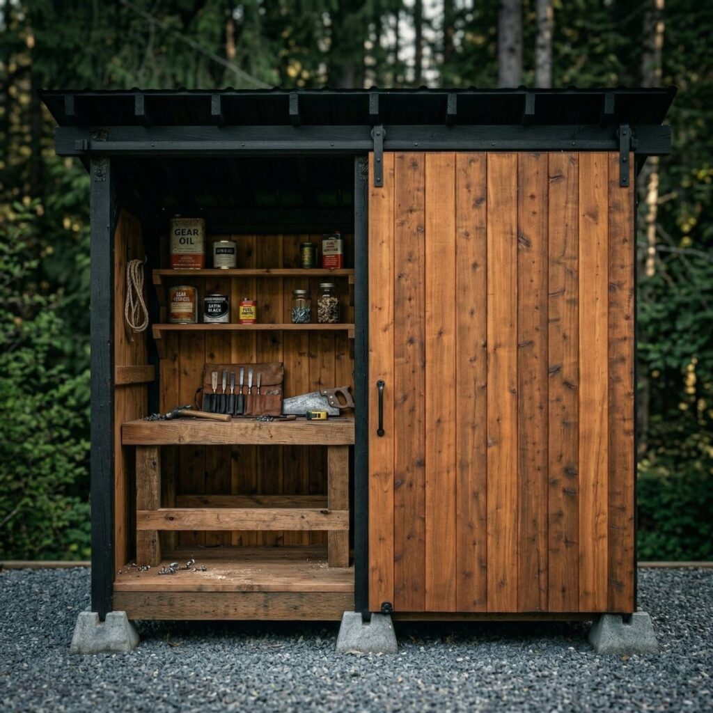 A small wooden workshop shed with an open sliding door revealing tools and shelves.