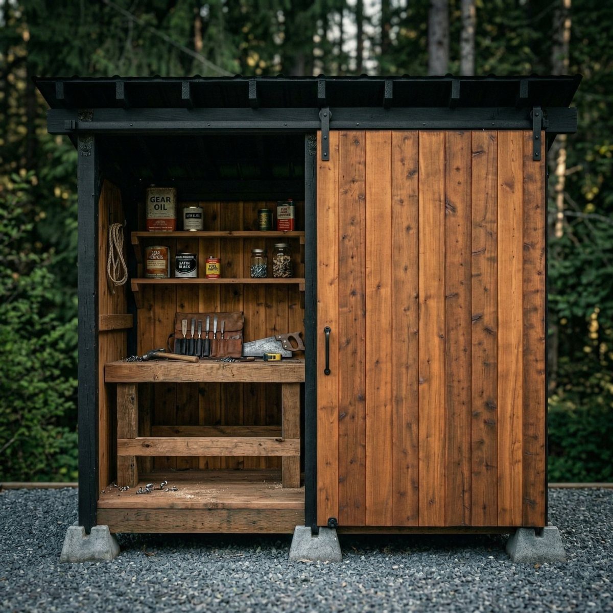 A small wooden workshop shed with an open sliding door revealing tools and shelves.